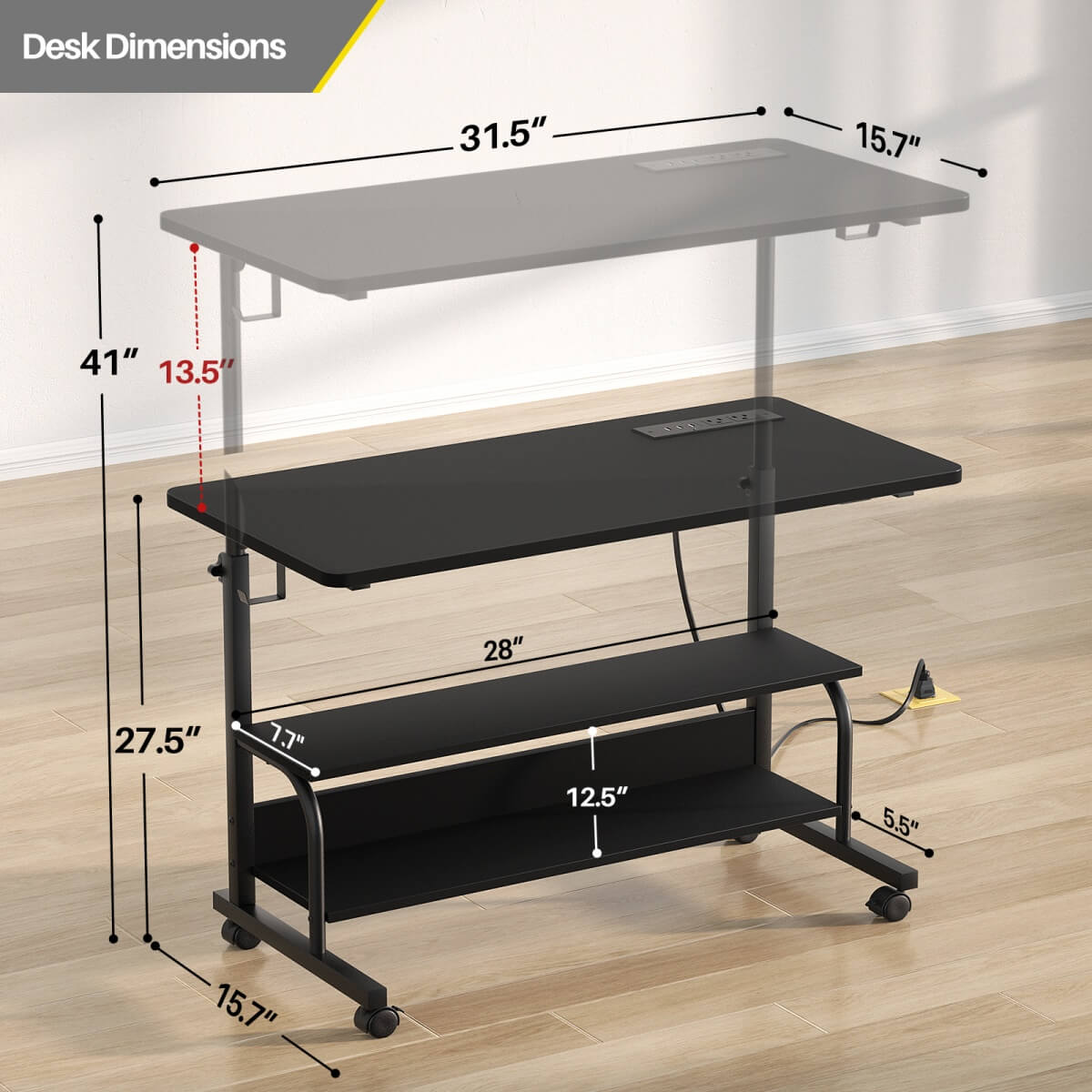 32" Height Adjustable Standing Desk with Power Outlets and Shelves