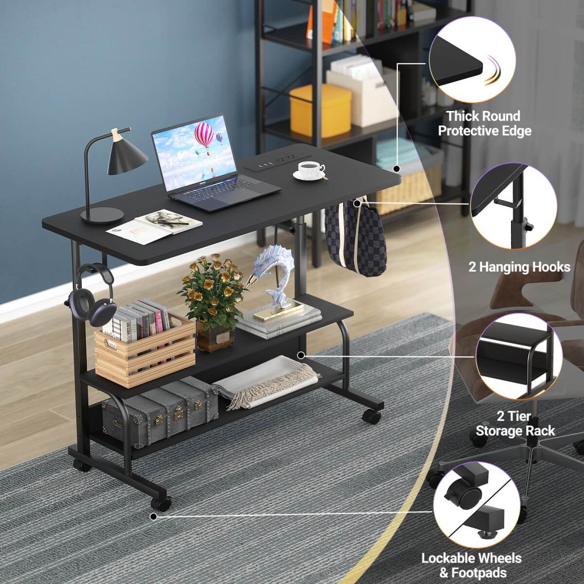 32" Height Adjustable Standing Desk with Power Outlets and Shelves