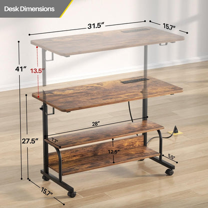32" Height Adjustable Standing Desk with Power Outlets and Shelves