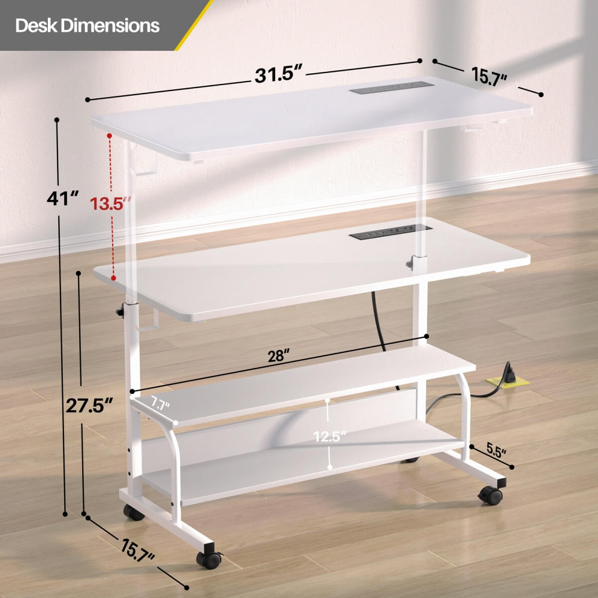32" Height Adjustable Standing Desk with Power Outlets and Shelves