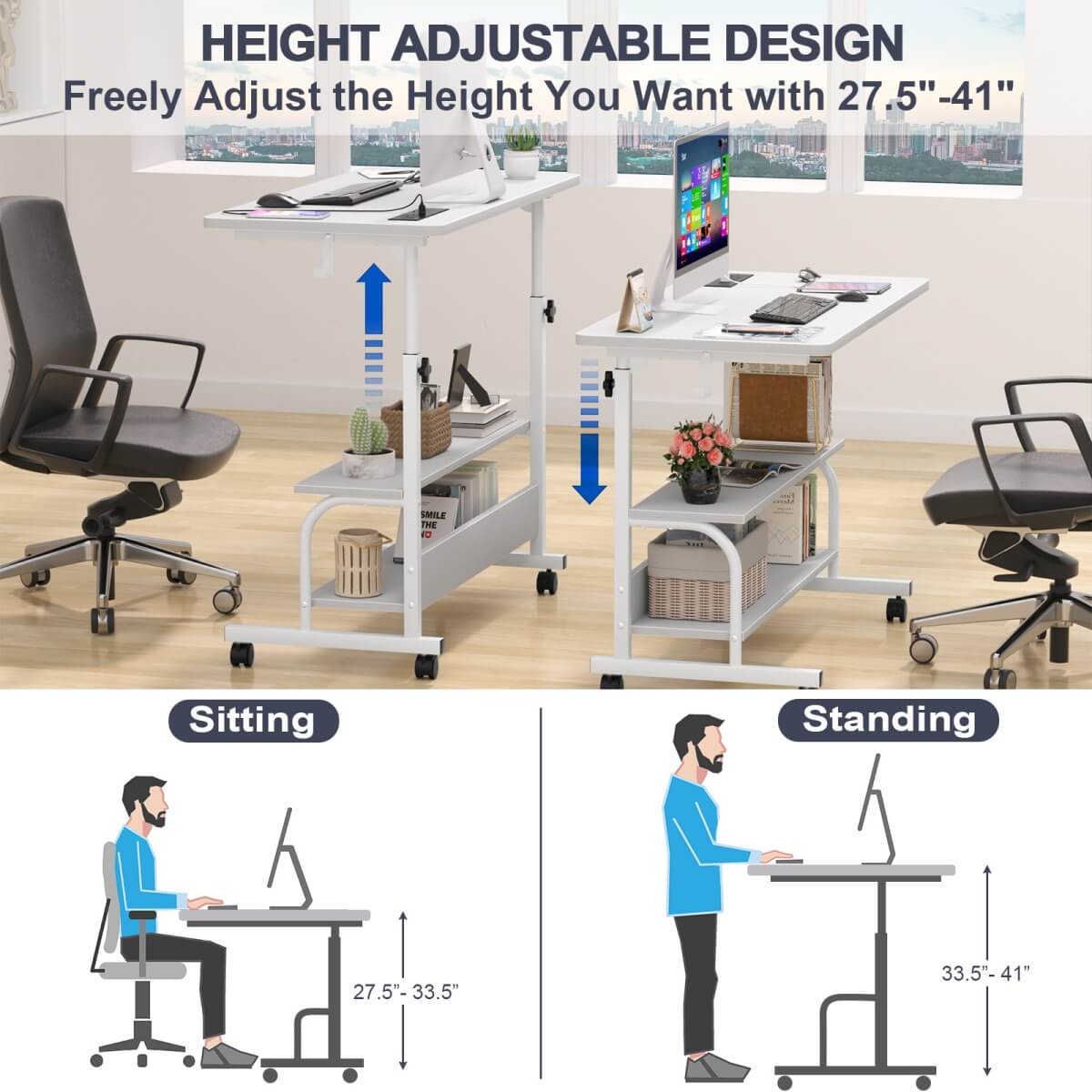 32" Height Adjustable Standing Desk with Power Outlets and Shelves