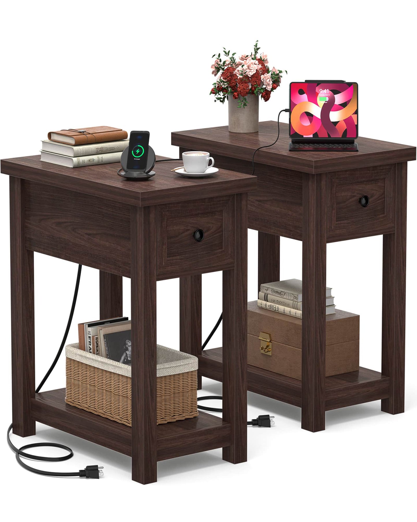 Farmhouse Narrow End Table Set of 2 with Charging Station, 13.8" Wide