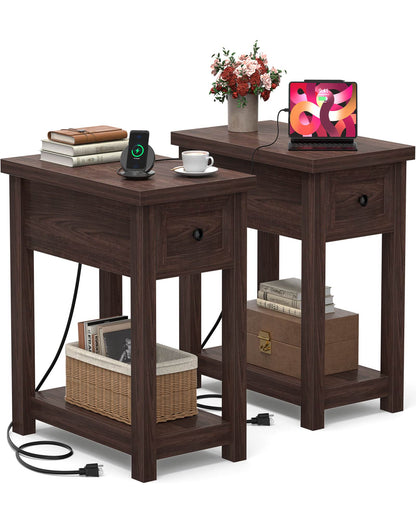 Farmhouse Narrow End Table Set of 2 with Charging Station, 13.8" Wide