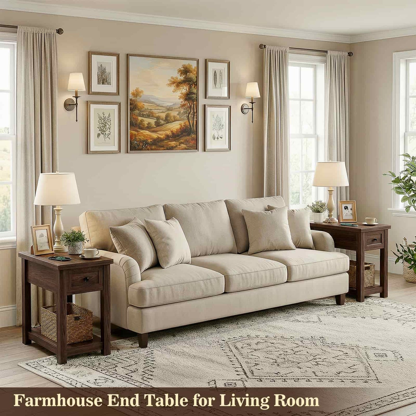 Farmhouse Narrow End Table Set of 2 with Charging Station, 13.8" Wide