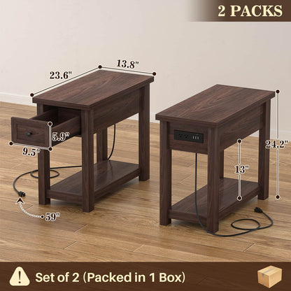 Farmhouse Narrow End Table Set of 2 with Charging Station, 13.8" Wide