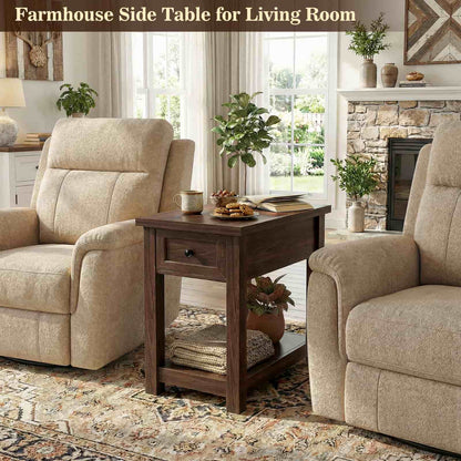 Farmhouse Narrow End Table Set of 2 with Charging Station, 13.8" Wide