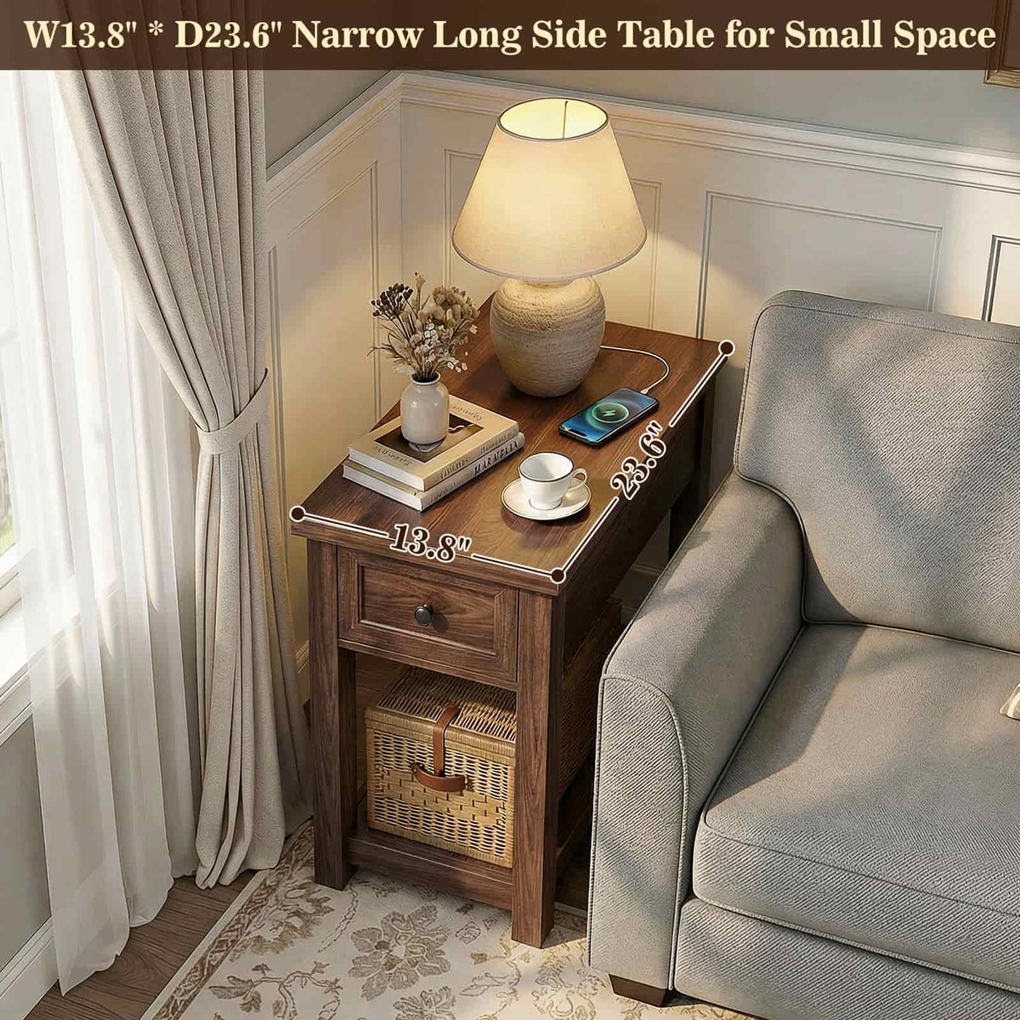 Farmhouse Narrow End Table Set of 2 with Charging Station, 13.8" Wide