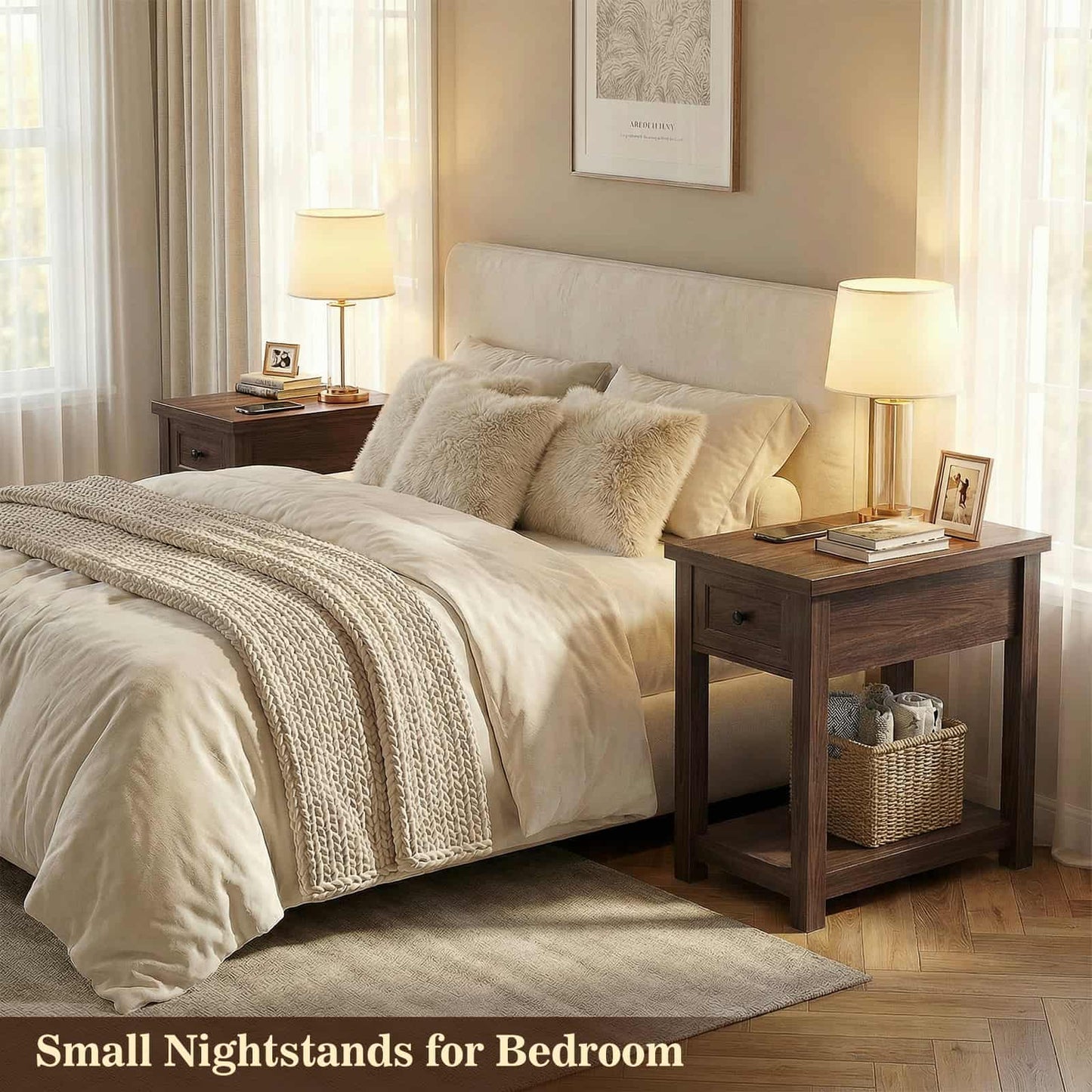 Farmhouse Narrow End Table Set of 2 with Charging Station, 13.8" Wide