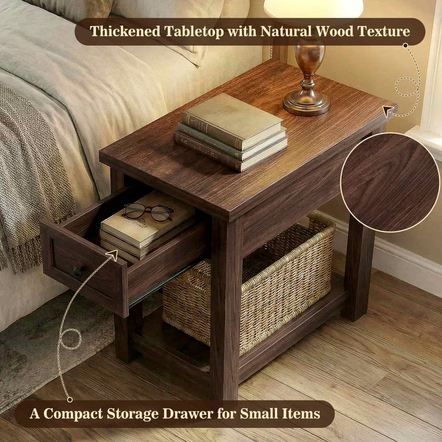 Farmhouse Narrow End Table Set of 2 with Charging Station, 13.8" Wide