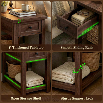 Farmhouse Narrow End Table Set of 2 with Charging Station, 13.8" Wide