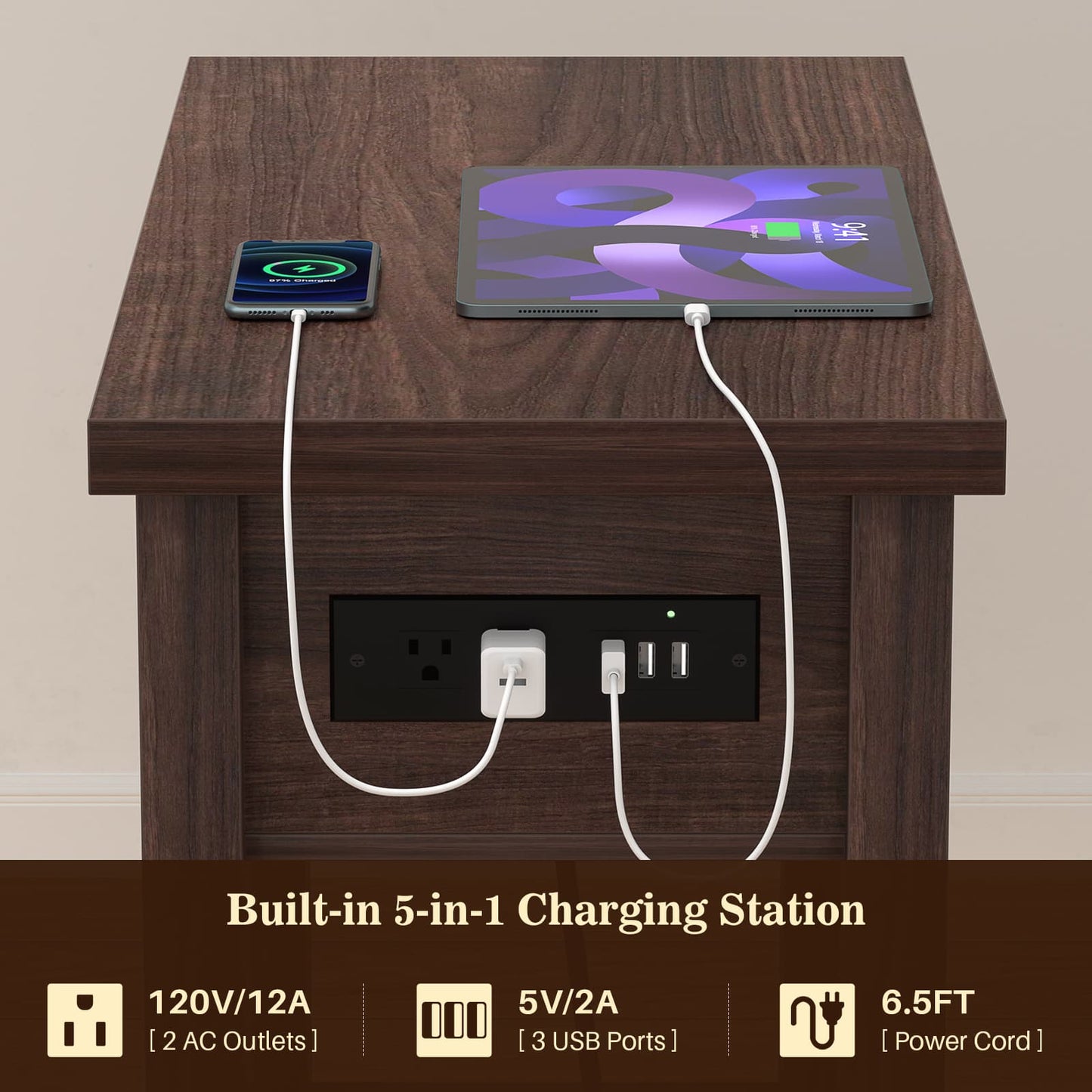 Farmhouse Narrow End Table Set of 2 with Charging Station, 13.8" Wide