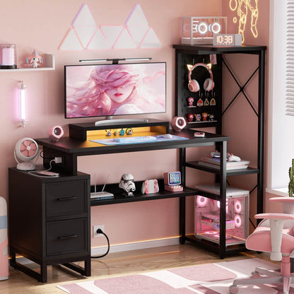 53" Computer Gaming Desk with Pegboard, Outlets, LED Lights, and Drawers