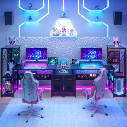 53" Computer Gaming Desk with Pegboard, Outlets, LED Lights, and Drawers