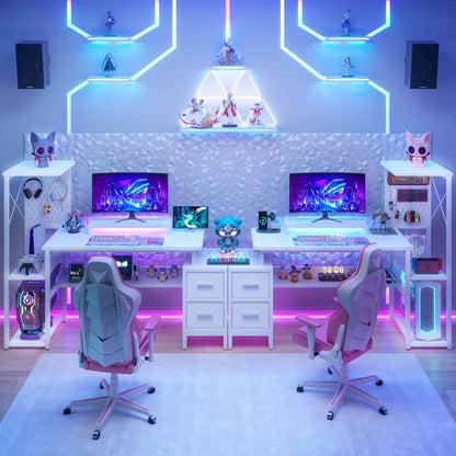 53" Computer Gaming Desk with Pegboard, Outlets, LED Lights, and Drawers