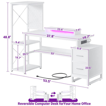 53" Computer Gaming Desk with Pegboard, Outlets, LED Lights, and Drawers