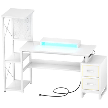 53" Computer Gaming Desk with Pegboard, Outlets, LED Lights, and Drawers