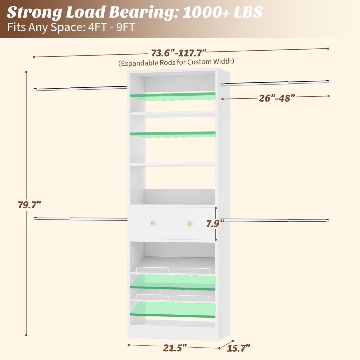 4-9 FT Expandable Closet Organizer System with Drawer, Walk-in Closet