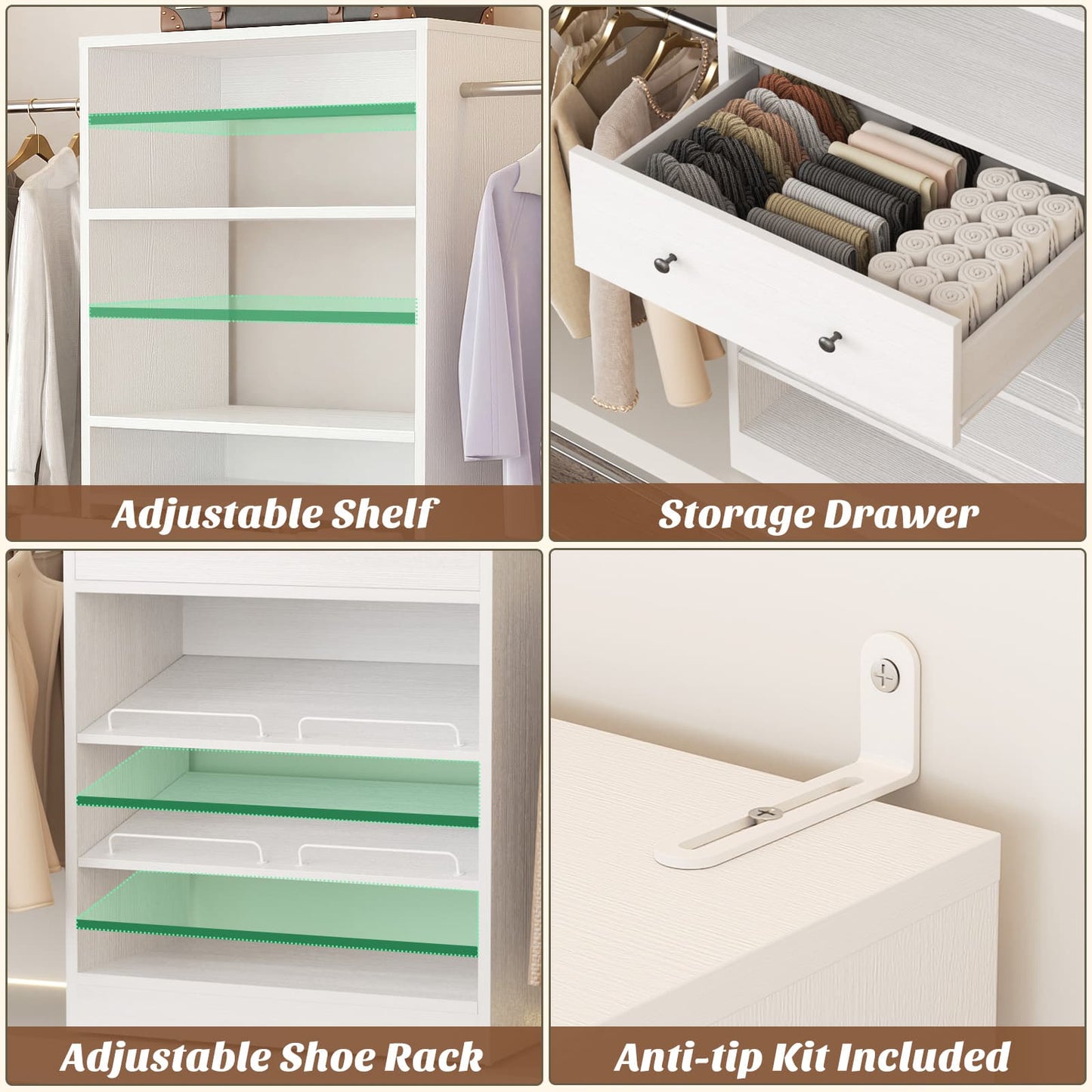 10-15.5 FT Expandable Closet Organizer System with Drawer, Walk-in Closet