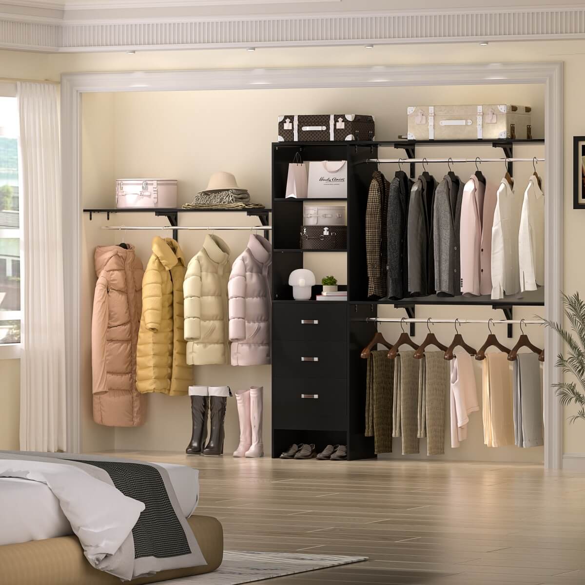 120 Inch Closet System with 3 Drawers, 3 Shelving Towers & Hanging Rods for Walk In Closet, Max Load 1300 LBS