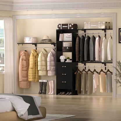 120 Inch Closet System with 3 Drawers, 3 Shelving Towers & Hanging Rods for Walk In Closet, Max Load 1300 LBS
