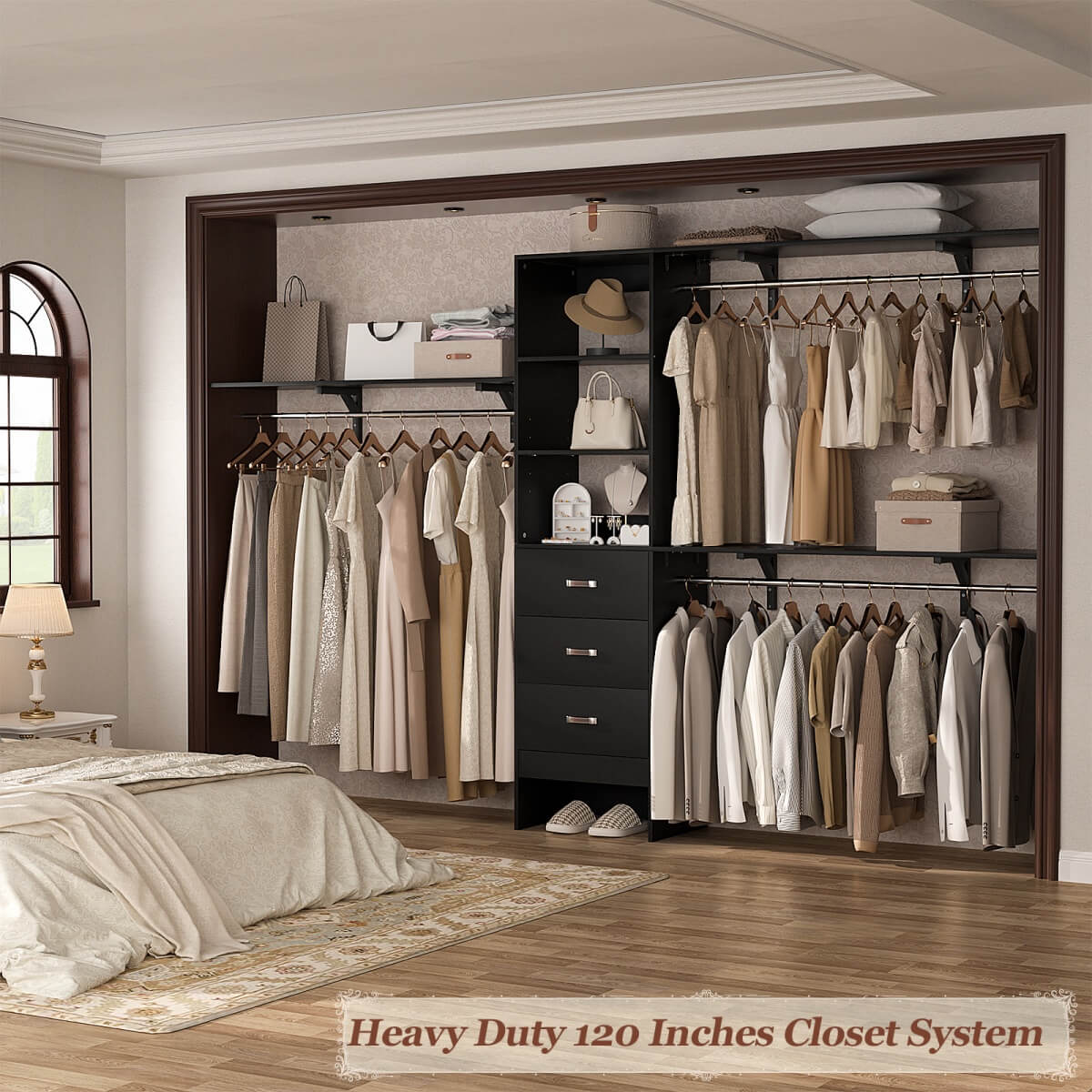120 Inch Closet System with 3 Drawers, 3 Shelving Towers & Hanging Rods for Walk In Closet, Max Load 1300 LBS