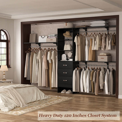 120 Inch Closet System with 3 Drawers, 3 Shelving Towers & Hanging Rods for Walk In Closet, Max Load 1300 LBS
