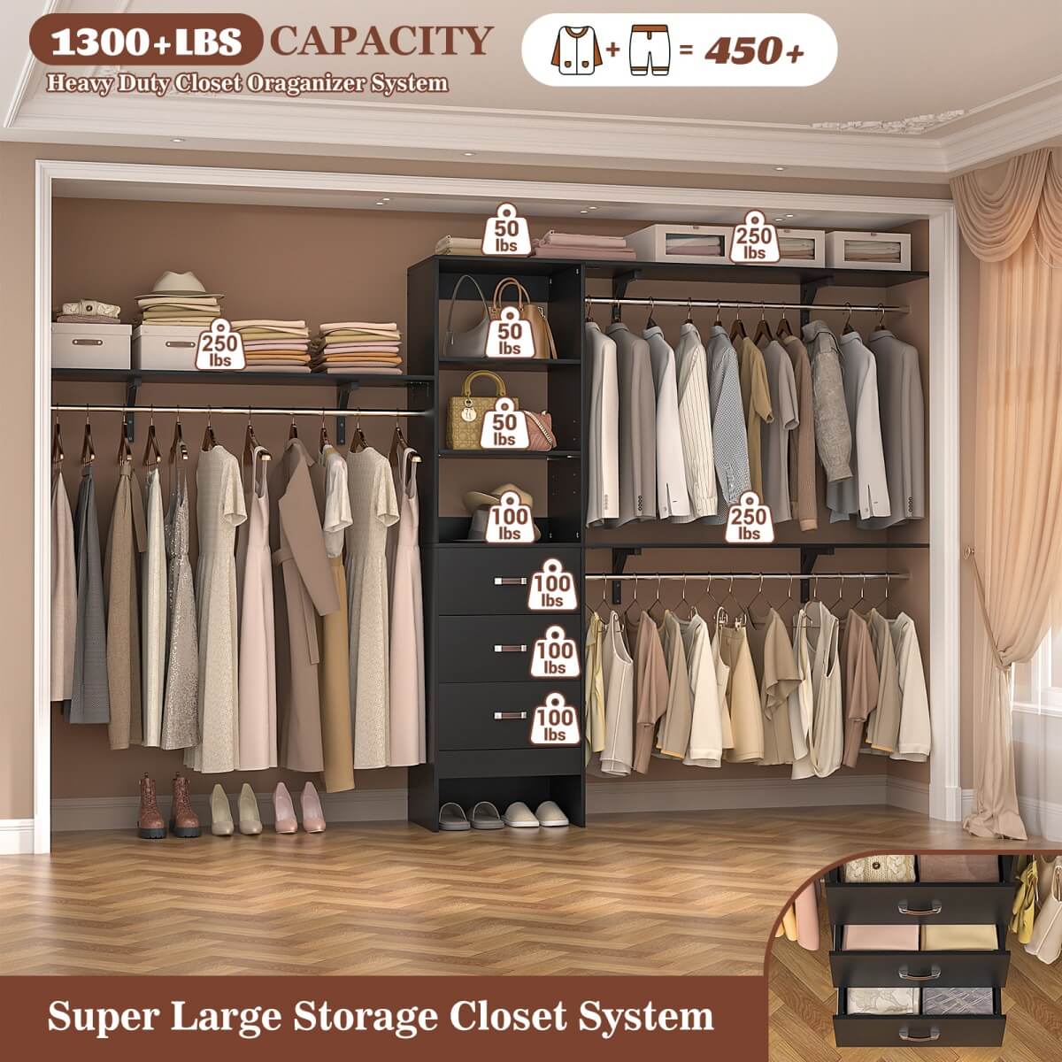 120 Inch Closet System with 3 Drawers, 3 Shelving Towers & Hanging Rods for Walk In Closet, Max Load 1300 LBS