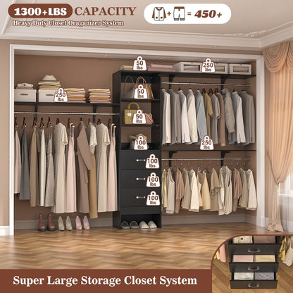 120 Inch Closet System with 3 Drawers, 3 Shelving Towers & Hanging Rods for Walk In Closet, Max Load 1300 LBS