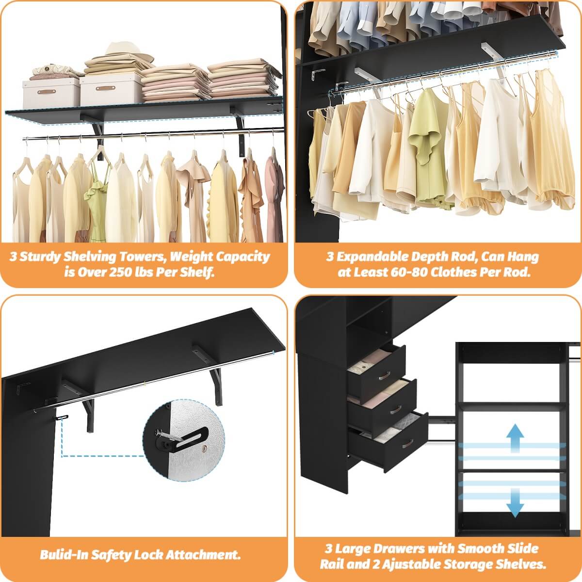120 Inch Closet System with 3 Drawers, 3 Shelving Towers & Hanging Rods for Walk In Closet, Max Load 1300 LBS