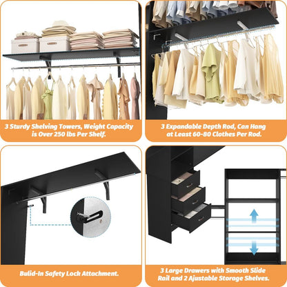 120 Inch Closet System with 3 Drawers, 3 Shelving Towers & Hanging Rods for Walk In Closet, Max Load 1300 LBS