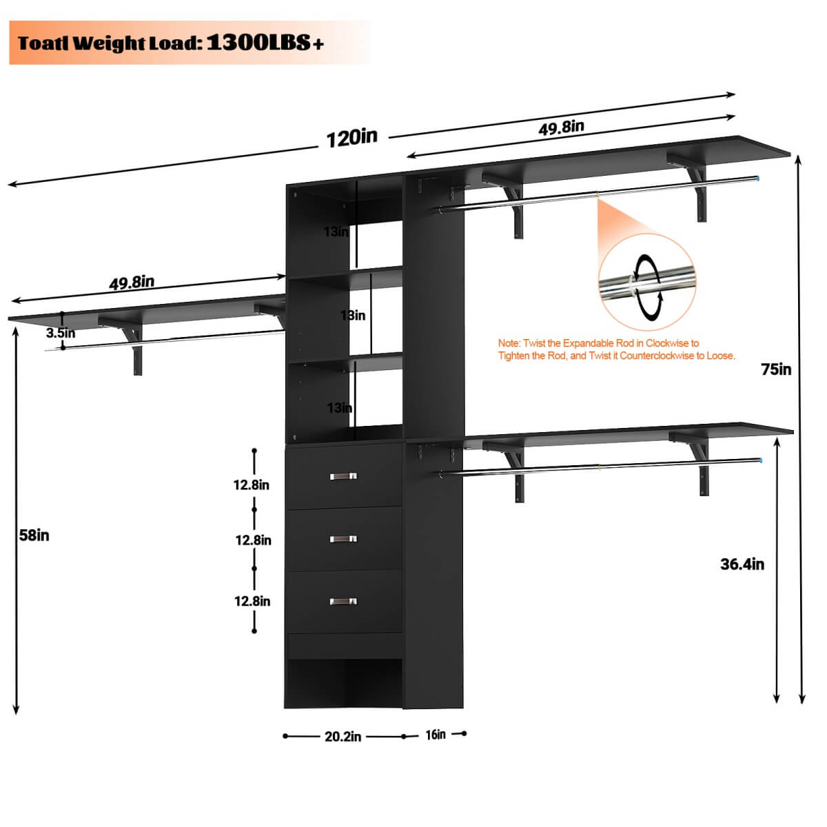120 Inch Closet System with 3 Drawers, 3 Shelving Towers & Hanging Rods for Walk In Closet, Max Load 1300 LBS