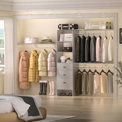 120 Inch Closet System with 3 Drawers, 3 Shelving Towers & Hanging Rods for Walk In Closet, Max Load 1300 LBS