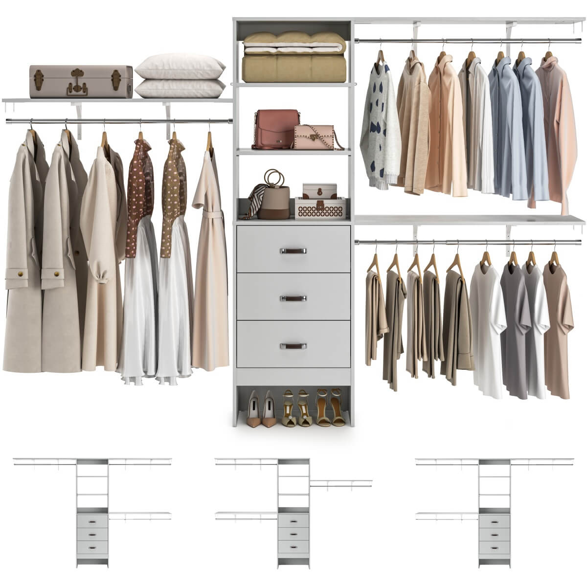 120 Inch Closet System with 3 Drawers, 3 Shelving Towers & Hanging Rods for Walk In Closet, Max Load 1300 LBS