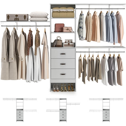 120 Inch Closet System with 3 Drawers, 3 Shelving Towers & Hanging Rods for Walk In Closet, Max Load 1300 LBS