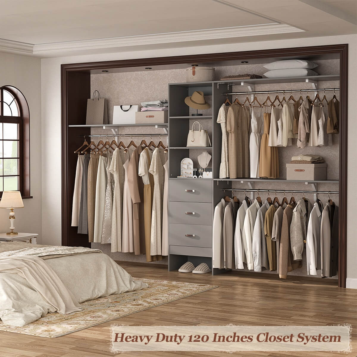 120 Inch Closet System with 3 Drawers, 3 Shelving Towers & Hanging Rods for Walk In Closet, Max Load 1300 LBS
