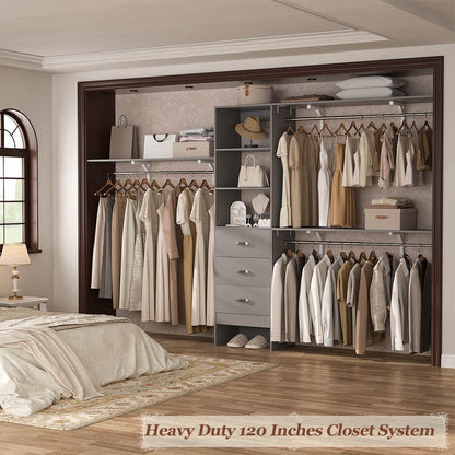120 Inch Closet System with 3 Drawers, 3 Shelving Towers & Hanging Rods for Walk In Closet, Max Load 1300 LBS