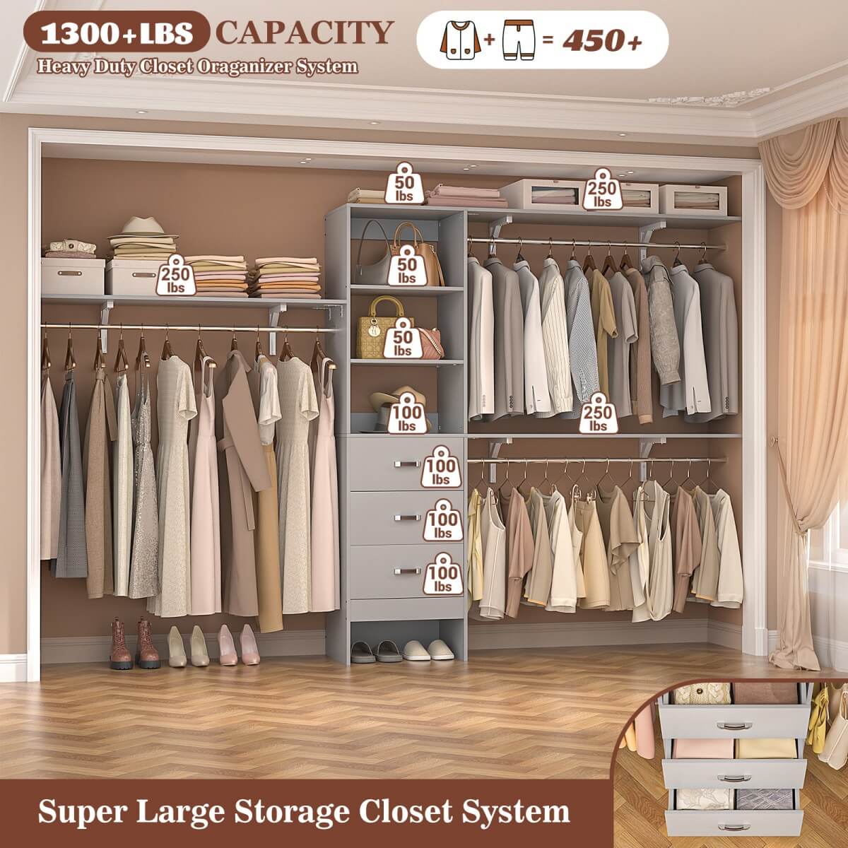 120 Inch Closet System with 3 Drawers, 3 Shelving Towers & Hanging Rods for Walk In Closet, Max Load 1300 LBS