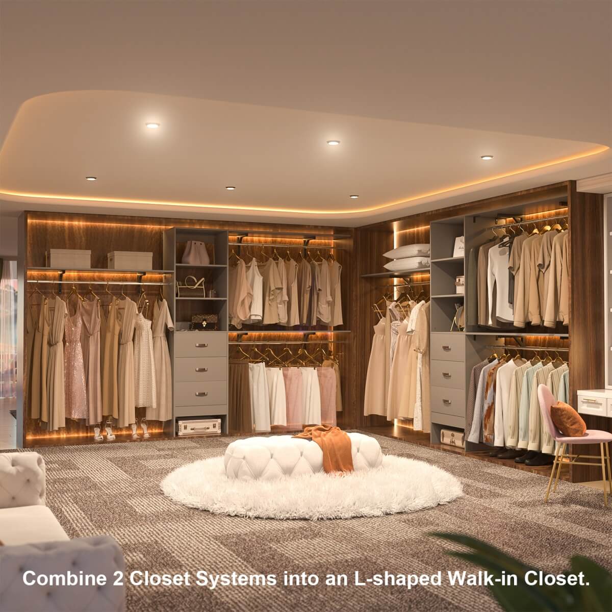 120 Inch Closet System with 3 Drawers, 3 Shelving Towers & Hanging Rods for Walk In Closet, Max Load 1300 LBS