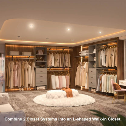 120 Inch Closet System with 3 Drawers, 3 Shelving Towers & Hanging Rods for Walk In Closet, Max Load 1300 LBS