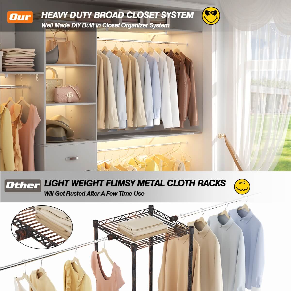 120 Inch Closet System with 3 Drawers, 3 Shelving Towers & Hanging Rods for Walk In Closet, Max Load 1300 LBS