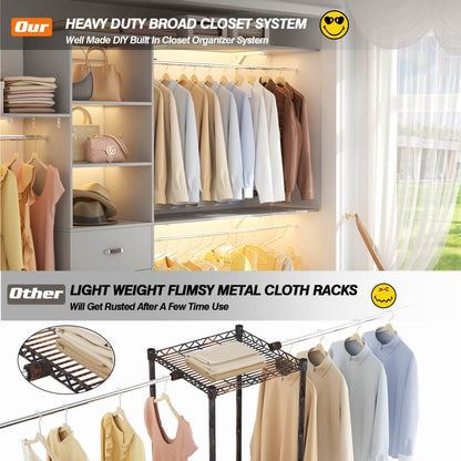 120 Inch Closet System with 3 Drawers, 3 Shelving Towers & Hanging Rods for Walk In Closet, Max Load 1300 LBS