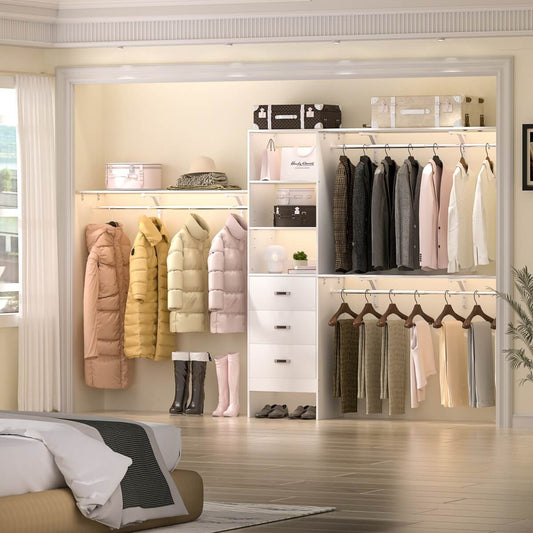 120 Inch Closet System with 3 Drawers, 3 Shelving Towers & Hanging Rods for Walk In Closet, Max Load 1300 LBS