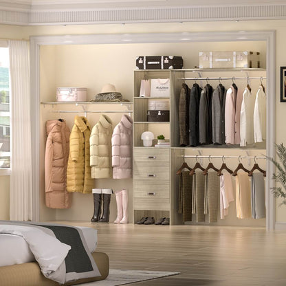 120 Inch Closet System with 3 Drawers, 3 Shelving Towers & Hanging Rods for Walk In Closet, Max Load 1300 LBS