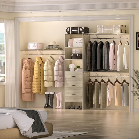 120 Inch Closet System with 3 Drawers, 3 Shelving Towers & Hanging Rods for Walk In Closet, Max Load 1300 LBS