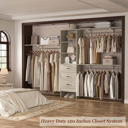 120 Inch Closet System with 3 Drawers, 3 Shelving Towers & Hanging Rods for Walk In Closet, Max Load 1300 LBS