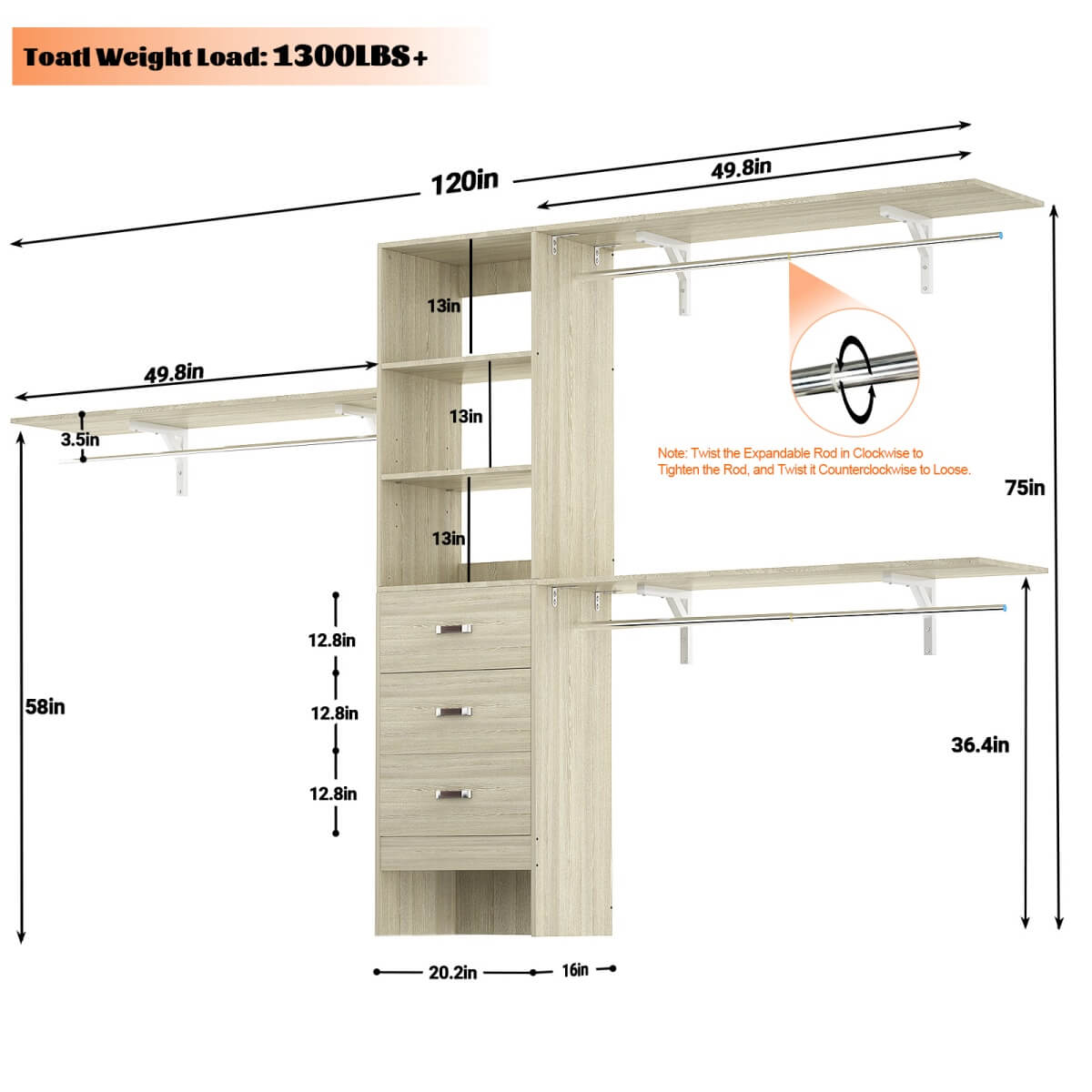 120 Inch Closet System with 3 Drawers, 3 Shelving Towers & Hanging Rods for Walk In Closet, Max Load 1300 LBS