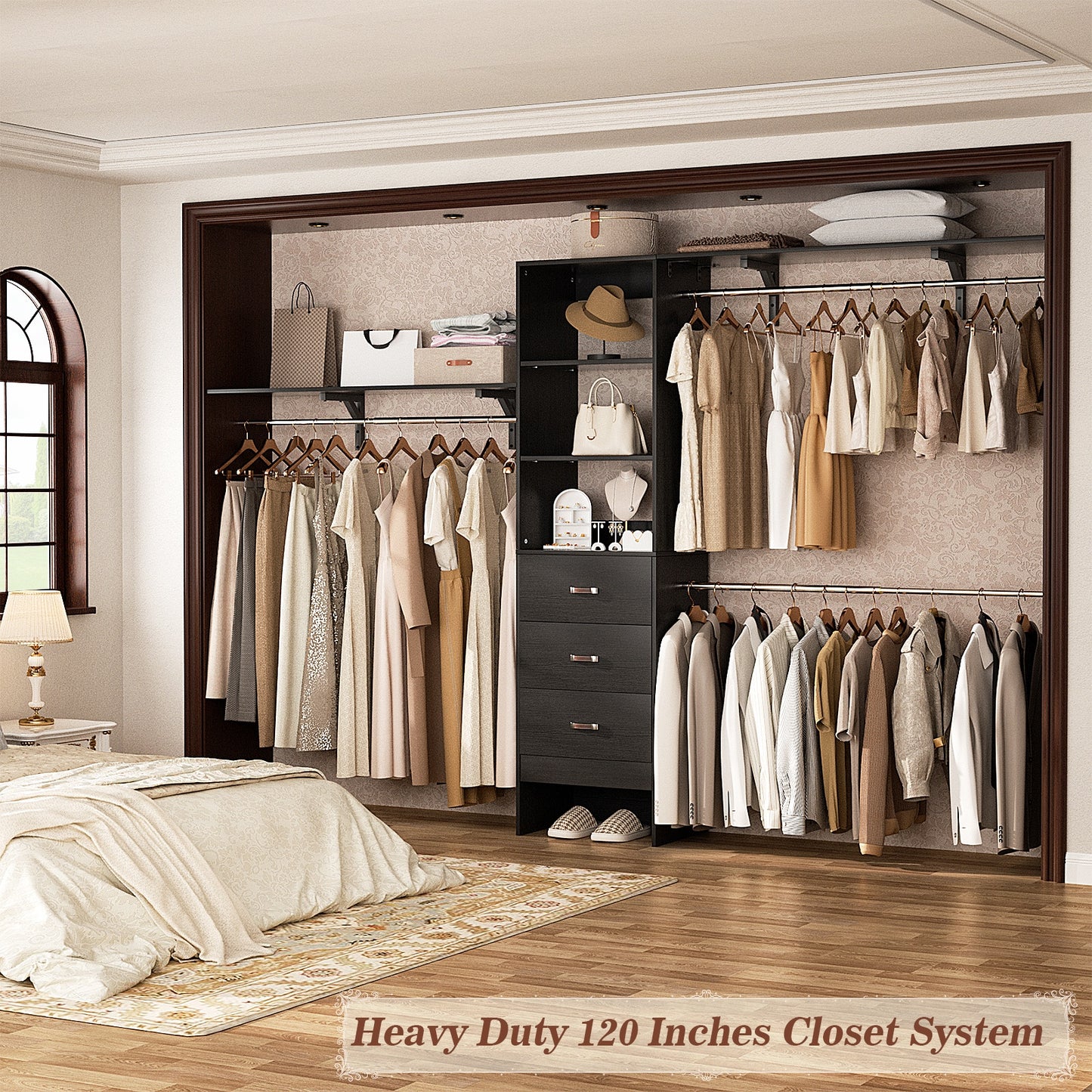 120 Inches Closet System, 10FT Walk In Closet Organizer with 3 Shelving Towers, Heavy Duty Clothes Rack with 3 Drawers