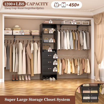 120 Inches Closet System, 10FT Walk In Closet Organizer with 3 Shelving Towers, Heavy Duty Clothes Rack with 3 Drawers