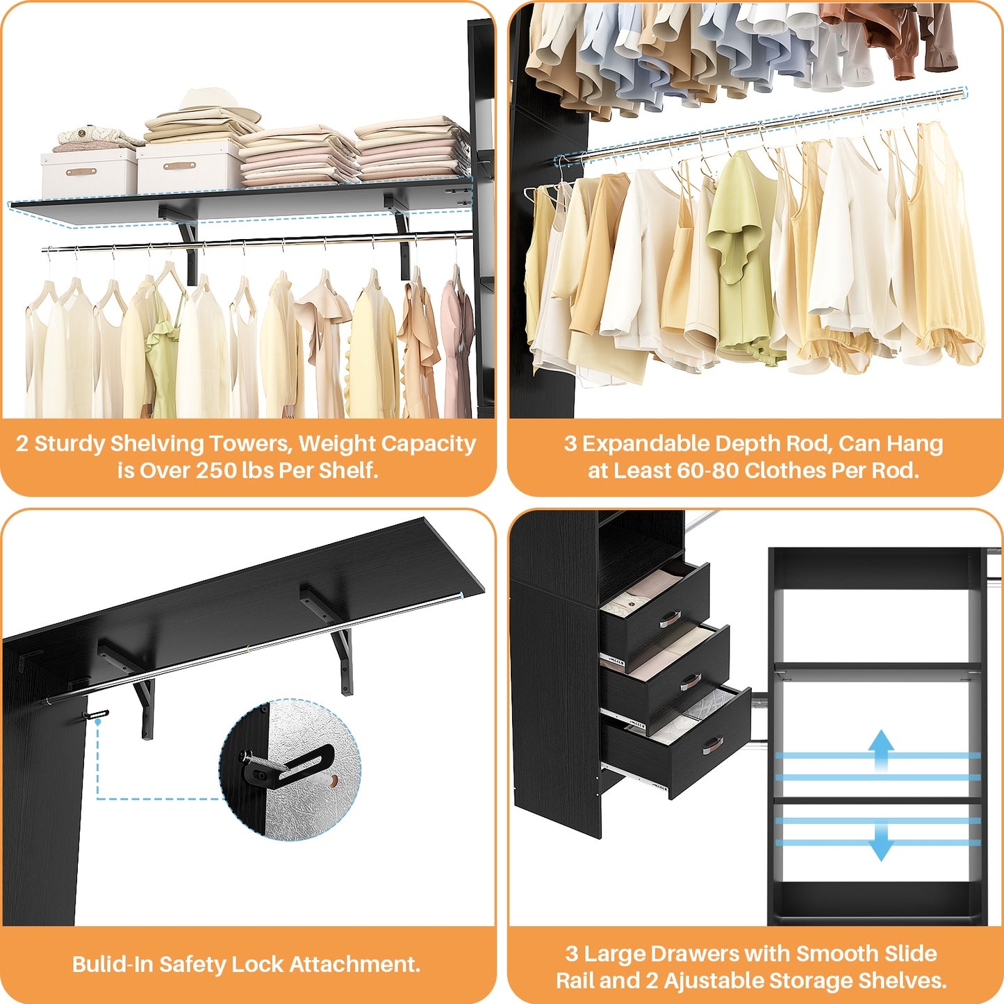 120 Inches Closet System, 10FT Walk In Closet Organizer with 3 Shelving Towers, Heavy Duty Clothes Rack with 3 Drawers