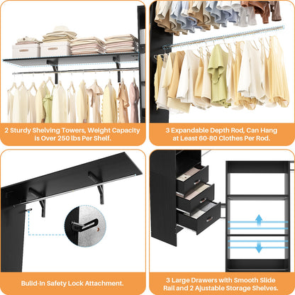120 Inches Closet System, 10FT Walk In Closet Organizer with 3 Shelving Towers, Heavy Duty Clothes Rack with 3 Drawers
